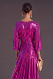 Champagne Metallic A-Line Boat Neck Ruched 3/4 Sleeves Long Formal Dress
