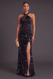 Sparkly Sequins Black Mermaid Criss Crossed Neck Long Formal Dress with Slit