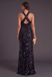 Sparkly Sequins Black Mermaid Criss Crossed Neck Long Formal Dress with Slit