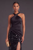Sparkly Sequins Black Mermaid Criss Crossed Neck Long Formal Dress with Slit