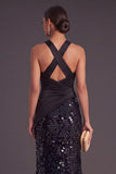 Sparkly Sequins Black Mermaid Criss Crossed Neck Long Formal Dress with Slit