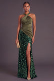 Sparkly Sequins Black Mermaid Criss Crossed Neck Long Formal Dress with Slit