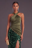 Sparkly Sequins Black Mermaid Criss Crossed Neck Long Formal Dress with Slit