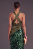 Sparkly Sequins Black Mermaid Criss Crossed Neck Long Formal Dress with Slit