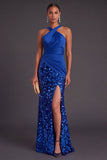Sparkly Sequins Black Mermaid Criss Crossed Neck Long Formal Dress with Slit