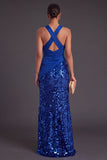 Sparkly Sequins Black Mermaid Criss Crossed Neck Long Formal Dress with Slit