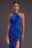 Sparkly Sequins Black Mermaid Criss Crossed Neck Long Formal Dress with Slit
