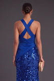 Sparkly Sequins Black Mermaid Criss Crossed Neck Long Formal Dress with Slit