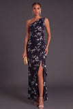 Black Floral Mermaid One Shoulder Ruched Long Formal Dress with Slit