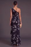 Black Floral Mermaid One Shoulder Ruched Long Formal Dress with Slit