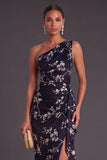 Black Floral Mermaid One Shoulder Ruched Long Formal Dress with Slit
