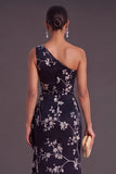 Black Floral Mermaid One Shoulder Ruched Long Formal Dress with Slit