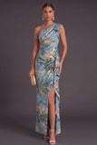 Black Floral Mermaid One Shoulder Ruched Long Formal Dress with Slit