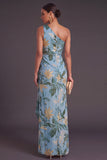 Black Floral Mermaid One Shoulder Ruched Long Formal Dress with Slit