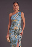 Black Floral Mermaid One Shoulder Ruched Long Formal Dress with Slit