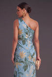 Black Floral Mermaid One Shoulder Ruched Long Formal Dress with Slit