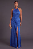 Burgundy Mermaid Round Neck Ruched Long Formal Dress with Slit