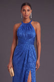 Burgundy Mermaid Round Neck Ruched Long Formal Dress with Slit