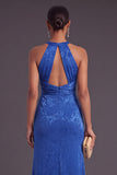 Burgundy Mermaid Round Neck Ruched Long Formal Dress with Slit