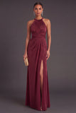 Burgundy Mermaid Round Neck Ruched Long Formal Dress with Slit
