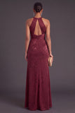 Burgundy Mermaid Round Neck Ruched Long Formal Dress with Slit