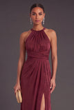 Burgundy Mermaid Round Neck Ruched Long Formal Dress with Slit