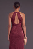 Burgundy Mermaid Round Neck Ruched Long Formal Dress with Slit