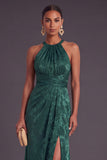 Burgundy Mermaid Round Neck Ruched Long Formal Dress with Slit