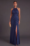 Burgundy Mermaid Round Neck Ruched Long Formal Dress with Slit
