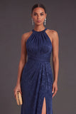 Burgundy Mermaid Round Neck Ruched Long Formal Dress with Slit
