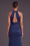Burgundy Mermaid Round Neck Ruched Long Formal Dress with Slit