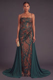 Dark Green Floral Corset Sheath Spaghetti Straps Ruched Long Formal Dress with Cape