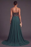 Dark Green Floral Corset Sheath Spaghetti Straps Ruched Long Formal Dress with Cape