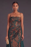 Dark Green Floral Corset Sheath Spaghetti Straps Ruched Long Formal Dress with Cape