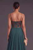 Dark Green Floral Corset Sheath Spaghetti Straps Ruched Long Formal Dress with Cape