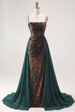 Dark Green Floral Corset Sheath Spaghetti Straps Ruched Long Formal Dress with Cape