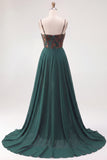 Dark Green Floral Corset Sheath Spaghetti Straps Ruched Long Formal Dress with Cape