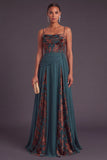Dark Green Corset A-Line Spaghetti Straps Ruched Long Formal Dress