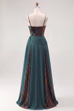 Dark Green Corset A-Line Spaghetti Straps Ruched Long Formal Dress