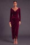 Burgundy Velvet Sheath Cowl Neck Ruched Long Formal Dress with Sleeves