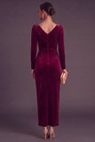 Burgundy Velvet Sheath Cowl Neck Ruched Long Formal Dress with Sleeves