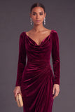 Burgundy Velvet Sheath Cowl Neck Ruched Long Formal Dress with Sleeves