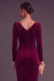 Burgundy Velvet Sheath Cowl Neck Ruched Long Formal Dress with Sleeves