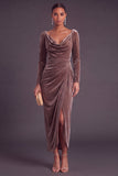 Burgundy Velvet Sheath Cowl Neck Ruched Long Formal Dress with Sleeves