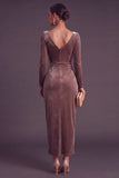 Burgundy Velvet Sheath Cowl Neck Ruched Long Formal Dress with Sleeves