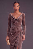 Burgundy Velvet Sheath Cowl Neck Ruched Long Formal Dress with Sleeves
