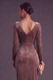 Burgundy Velvet Sheath Cowl Neck Ruched Long Formal Dress with Sleeves