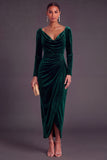 Burgundy Velvet Sheath Cowl Neck Ruched Long Formal Dress with Sleeves
