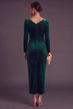 Burgundy Velvet Sheath Cowl Neck Ruched Long Formal Dress with Sleeves