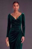 Burgundy Velvet Sheath Cowl Neck Ruched Long Formal Dress with Sleeves